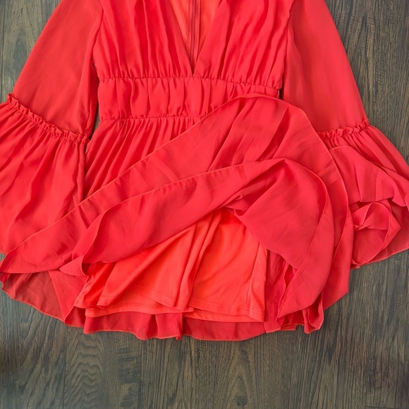 Miss Layered Red Orange Flare Long Sleeve V Neck A Line Dress Women’s Medium - Picture 3 of 7